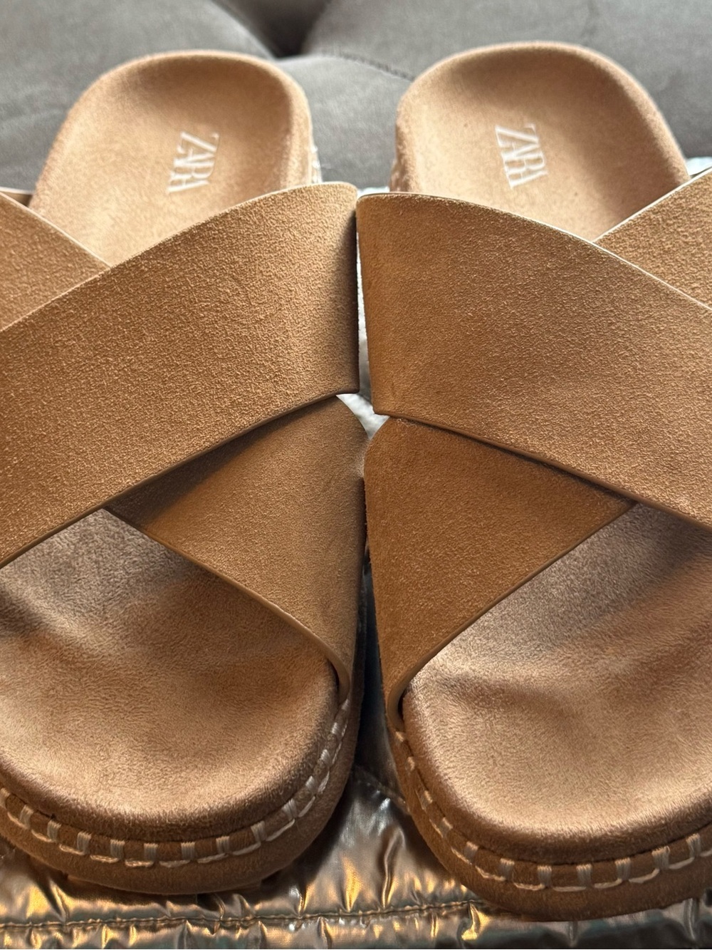 Zara Tan Suede Crisscross Slide Sandals